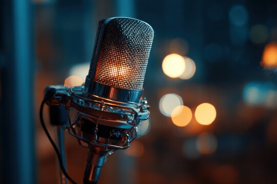 A close-up of a microphone with a glowing light, set against a blurred background of soft bokeh lights, creating a vibrant and inviting atmosphere.