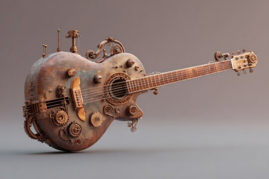 A steampunk-inspired guitar featuring intricate gears and a vintage design, blending music with mechanical artistry.
