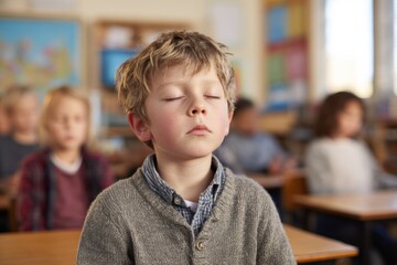 A focused boy sits quietly in a classroom, eyes closed, amidst classmates, suggesting a moment of calm or meditation.