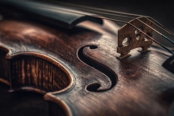 A close-up view of a beautifully crafted violin, highlighting its intricate details and rich wood texture.