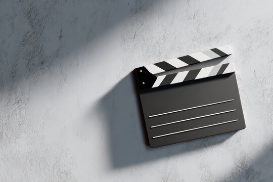 A film clapperboard rests against a textured wall, symbolizing the start of a movie scene and the art of filmmaking.