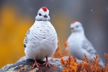 Obraz premium Svalbard rock ptarmigan standing on a rock in its natural habitat with another ptarmigan blurred in the background