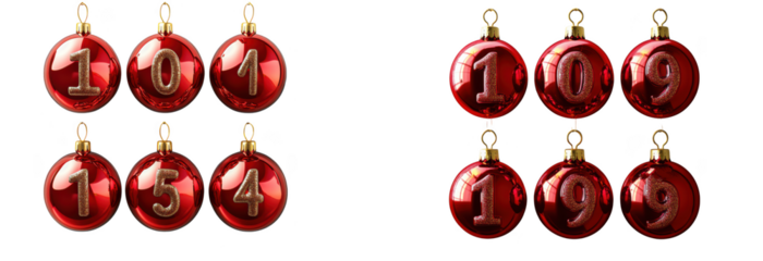 Two groups of red christmas baubles, one group numbered 14 and the other 13, isolated on transparent background