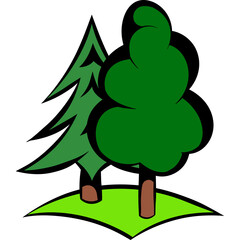 Cartoon Style Evergreen And Deciduous Trees With Green Leaves On A Sunny Day With Transparent Background