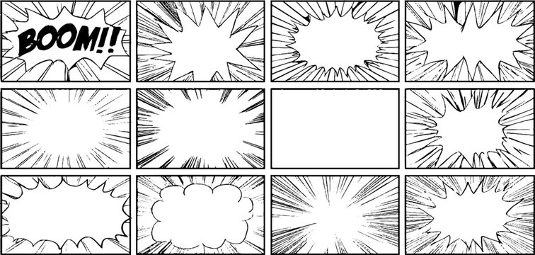Dynamic comic book layout with explosive manga effect panels for creative use