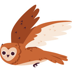 Cartoon Style Flying Owl With Brown Wings And White Chest Against Transparent Background