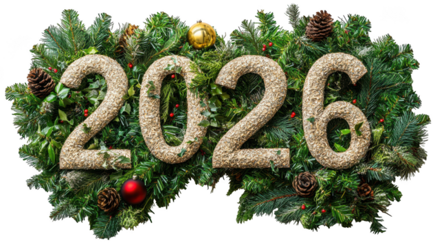 The year 2026 represented by sparkling numbers nestled within a lush green christmas wreath adorned with pinecones and festive ornaments, isolated on transparent background