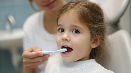 A young girl smiles as she brushes her teeth with the help of an adult in a dental office setting.