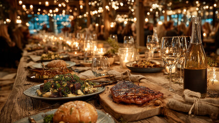 Fototapeta premium Communal dining experience with diverse group set in cozy ambiance