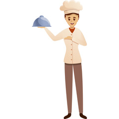 Cartoon Style Chef Character Holding A Food Cloche With A White Background And Wearing A Chef Hat And Uniform In A Professional Kitchen Setting