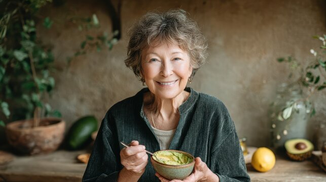 miling senior woman enjoys healthy green smoothie in bright kitchen surrounded by fresh fruits and plants, promoting wellness lifestyle