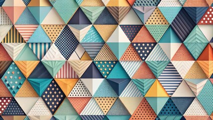 Abstract Triangular Mosaic Wall Featuring Diverse Geometric Patterns and Textural Elements in a Vibrant Color Palette