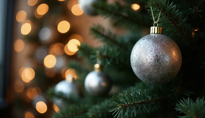 Fototapeta premium Close up of silver Christmas balls on a Christmas tree with bokeh background