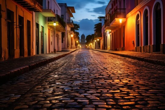 Charming cobblestone street reflecting warm light from street lamps at dusk in old san juan, puerto rico, leading to a distant cathedral - Powered by Adobe