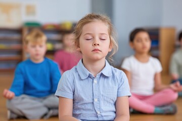 A group of children practicing mindfulness, focusing on meditation in a calm indoor setting, promoting relaxation and emotional well-being.