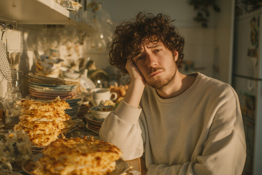Man looks bored in a messy kitchen filled with stacks of food and plates