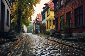 Obraz premium Charming cobblestone street glistening with rain, reflecting the warm autumn colors of the surrounding buildings in a picturesque european town