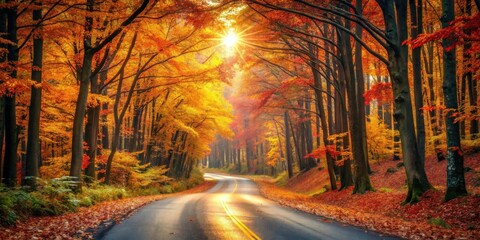 Autumnal Road Winding Through a Vibrant Forest Bathed in Golden Sunlight