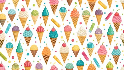 Delightful Dessert Delight A Colorful Collection of Ice Cream Cones and Sweet Treats in a Repetitive Pattern