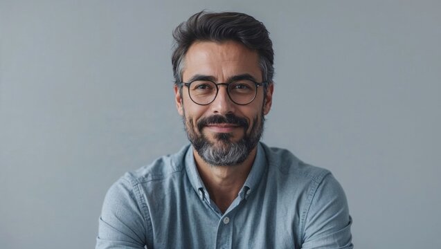 Smiling bearded man wearing round glasses and light blue button-up shirt against neutral gray background. Professional headshot for business purposes