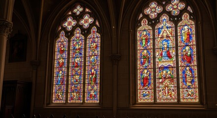 Fototapeta premium Beautiful stained glass windows in historic cathedral interior with vibrant colors