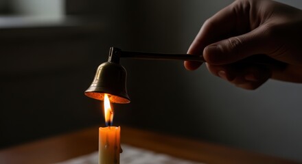 Hand extinguishing candle flame with brass snuffer in dark room