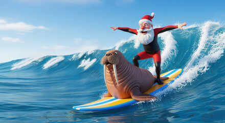 Santa Claus riding a big ocean wave on a surfboard alongside a surprised walrus, creating a hilarious Christmas scene.