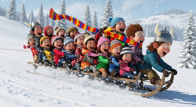Huge group of children ride a sled downhill through snow-covered mountains, screaming and laughing in winter Christmas holidays.