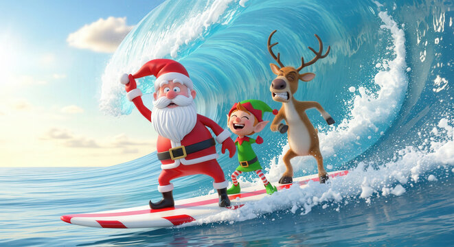 Santa, elf and reindeer surfing Christmas wave together