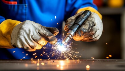 Close-up of welder hands in protective gloves using plasma welding torch. Bright sparks and glowing metal detail symbolize industrial labor, repair, and craftsmanship.
