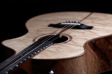 A beautifully crafted acoustic guitar showcasing intricate wood grain and elegant design, emphasizing quality craftsmanship in musical instruments.