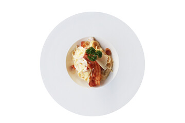 Delicious and appetizing pasta dish in a white plate, perfect for food enthusiasts. The pasta is beautifully presented and ready to be enjoyed
