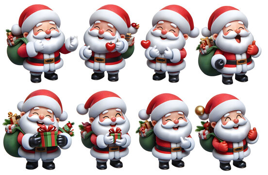 Acht verschiedene Weihnachtsm&auml;nner in verschiedenen Posen , freigestellt als PNG isoliert