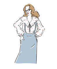 カジュアルガーリーファッションのパーマヘアメガネの女性
