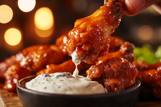 Chicken wings dipped in creamy blue cheese dressing.