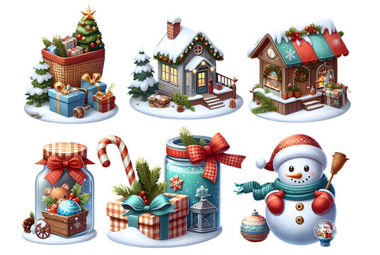 6 verschiedene weihnachtliche Motive, freigestellt als PNG isoliert