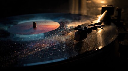 Obraz premium A close-up of a spinning vinyl record on a turntable, glimmering with light and dust, evoking a nostalgic ambiance of music and sound.