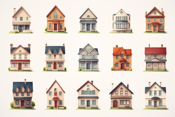 Naklejka premium Fifteen colorful houses representing suburban homes, creating a vibrant illustration of the real estate market