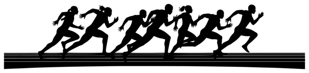 Dynamic sprinters racing in lane sequence silhouette set track and field running sport vector illustration.