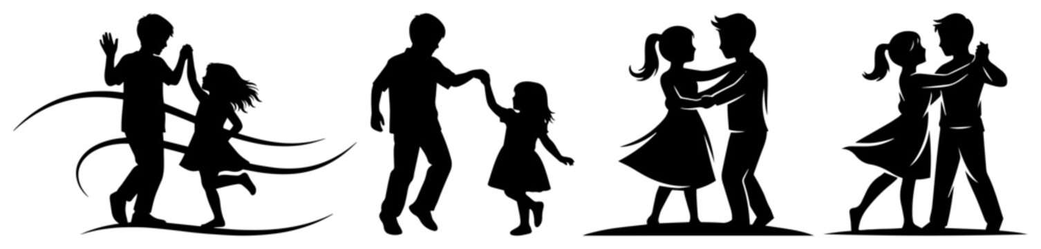 Children dancing silhouette collection energetic kids in pairs and solo performing joyful moves vector illustration.