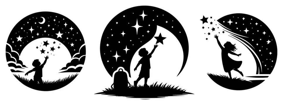 Children reaching stars night sky circular badge silhouettes inspirational dream vector illustration.
