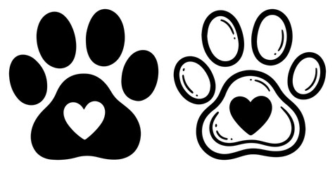 Pet paw print icons with heart center love animal footprint logo vector set