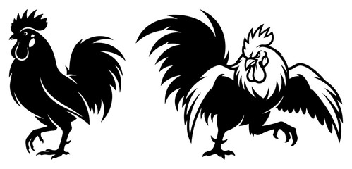 Rooster silhouettes crowing proud farm chicken mascot vector illustration set © Luka