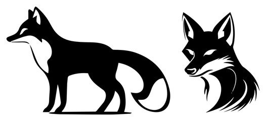 Fototapeta premium Fox standing and fox head silhouettes elegant wildlife predator logo vector illustration set