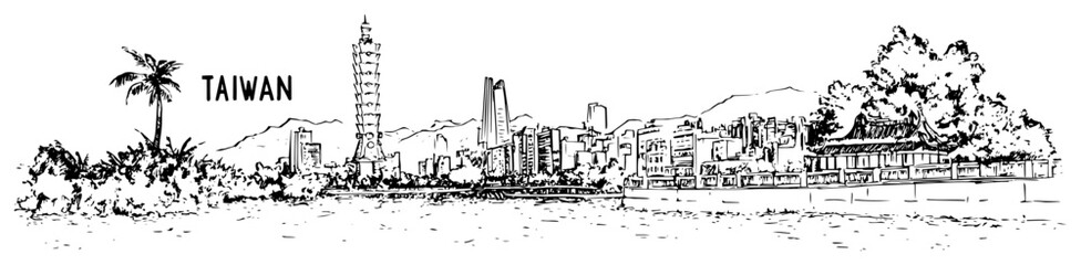 Naklejka premium Taipei city skyline panoramic hand‑drawn illustration with Taipei 101 tower and tropical palm trees Taiwan landmark landscape