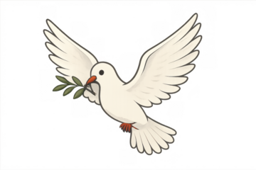 White dove flying with olive branch, symbolizing peace, hope, freedom, and new beginnings on transparent background