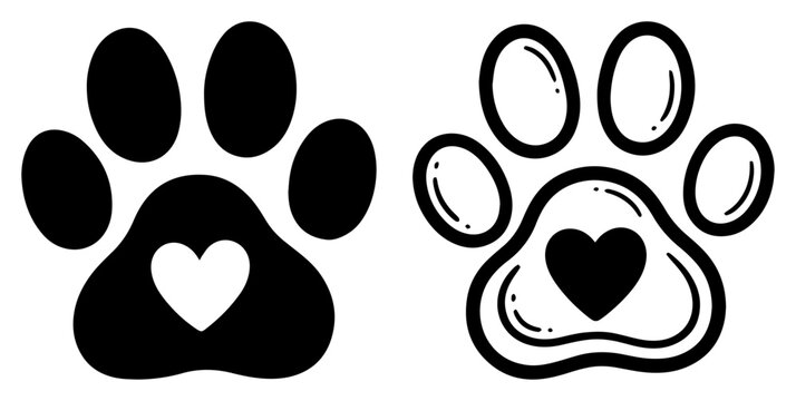 Pet paw print icons with heart center love animal footprint logo vector set