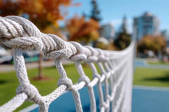 Detailed rope netting structure on a sunny lawn, perfect for children s playtime in the city.