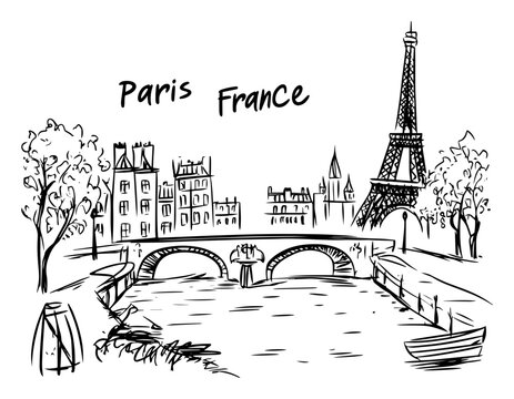 Paris France cityscape sketch with Eiffel Tower Seine river bridge boats and handwritten lettering hand‑drawn travel illustration