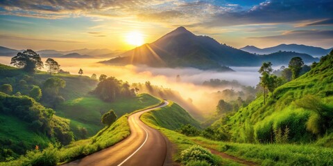 Serene Sunrise Over Misty Mountain Road with Lush Green Hills